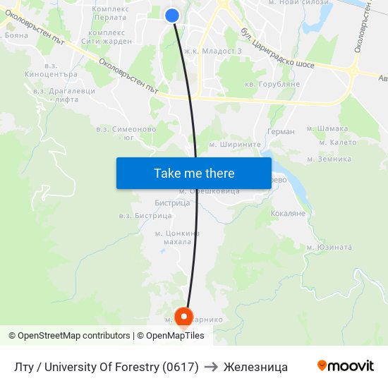 Лту / University Of Forestry (0617) to Железница map