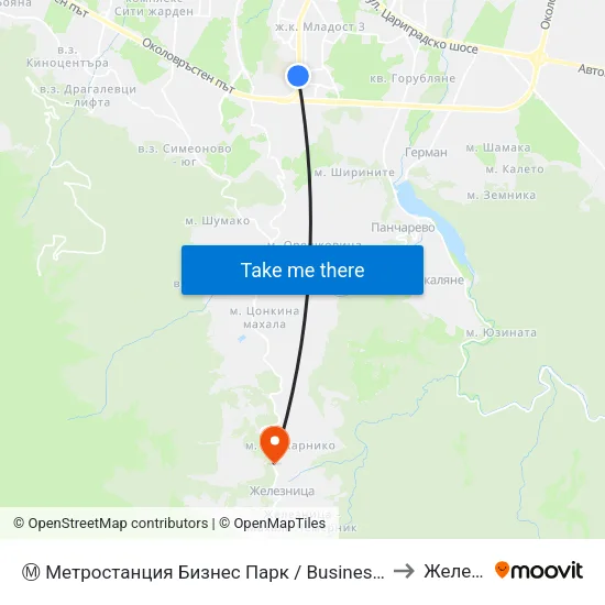 Ⓜ️ Метростанция Бизнес Парк / Business Park Metro Station (2490) to Железница map