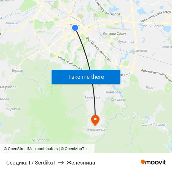 Сердика I / Serdika I to Железница map