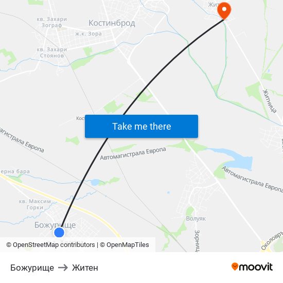 Божурище to Житен map