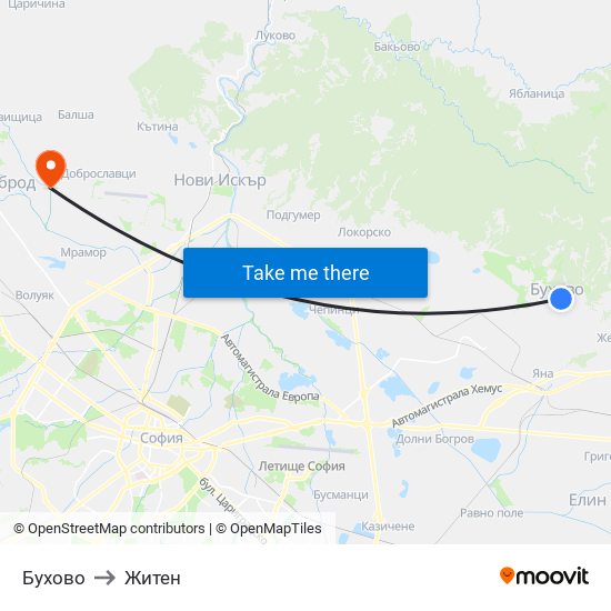 Бухово to Житен map
