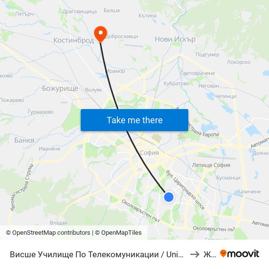 Висше Училище По Телекомуникации / University Of Telecommunications And Post (1396) to Житен map