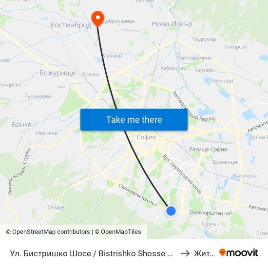Ул. Бистришко Шосе / Bistrishko Shosse St. (0864) to Житен map