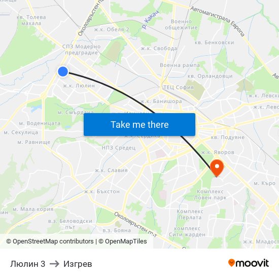 Люлин 3 to Изгрев map