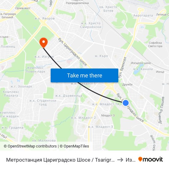 Метростанция Цариградско Шосе / Tsarigradsko Shosse Metro Station (1016) to Изгрев map