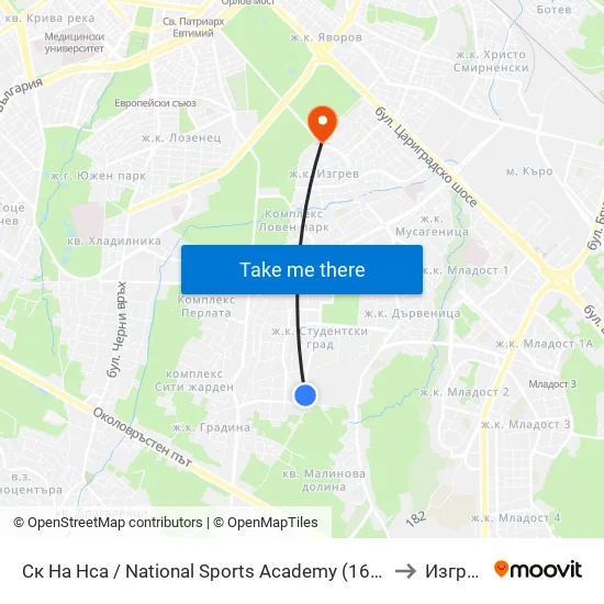 Ск На Нса / National Sports Academy (1609) to Изгрев map