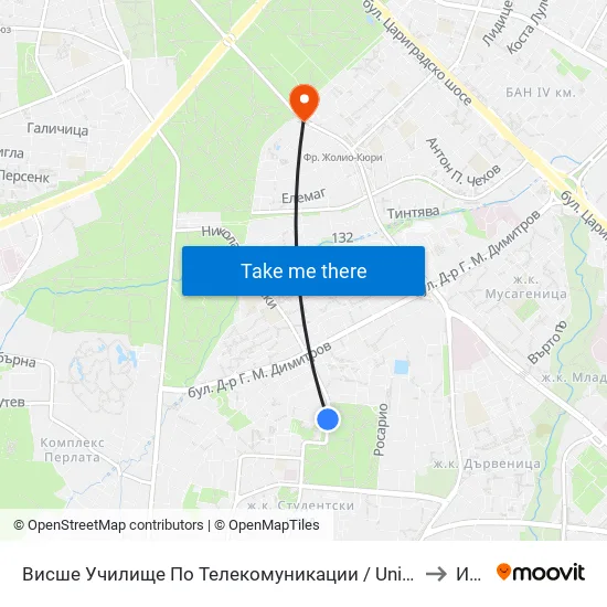 Висше Училище По Телекомуникации / University Of Telecommunications And Post (1396) to Изгрев map