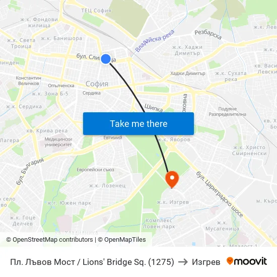 Ⓜ️ Пл. Лъвов Мост / Lions' Bridge Sq. (1275) to Изгрев map