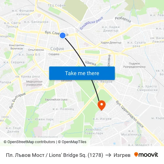 Ⓜ️ Пл. Лъвов Мост / Lions' Bridge Sq. (1278) to Изгрев map