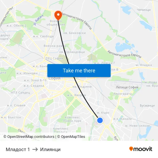 Младост 1 to Илиянци map