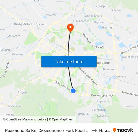 Разклона За Кв. Симеоново / Fork Road To Simeonovo Qr. (1459) to Илиянци map