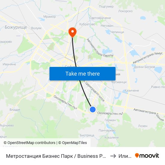 Метростанция Бизнес Парк / Business Park Metro Station (2490) to Илиянци map