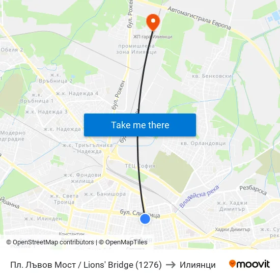 Ⓜ️ Пл. Лъвов Мост / Lions' Bridge (1276) to Илиянци map