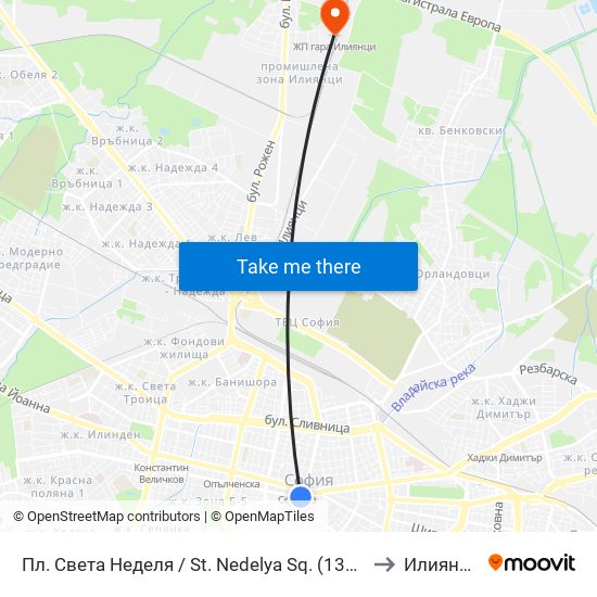 Пл. Света Неделя / St. Nedelya Sq. (1308) to Илиянци map