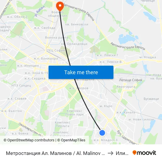 Ⓜ️ Метростанция Ал. Малинов / Al. Malinov Metro Station (0169) to Илиянци map