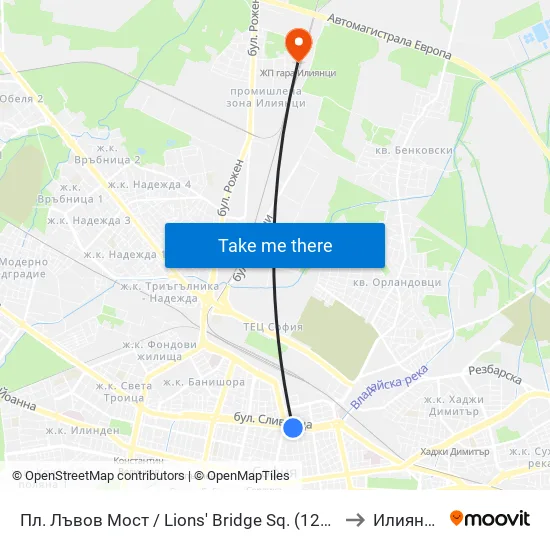 Ⓜ️ Пл. Лъвов Мост / Lions' Bridge Sq. (1278) to Илиянци map