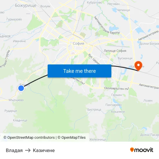 Владая to Казичене map