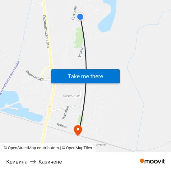 Кривина to Казичене map