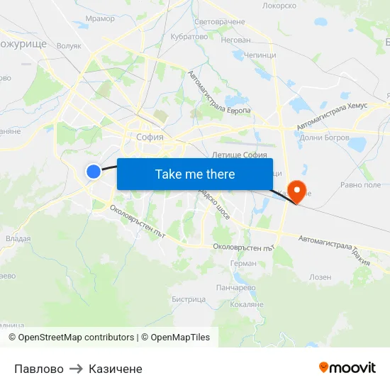 Павлово to Казичене map