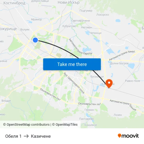Обеля 1 to Казичене map