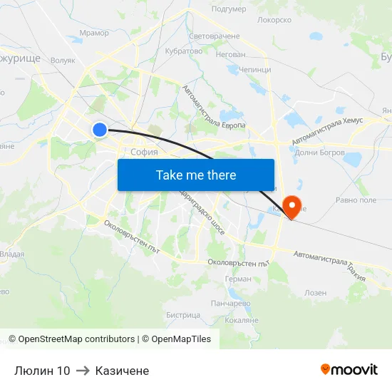 Люлин 10 to Казичене map