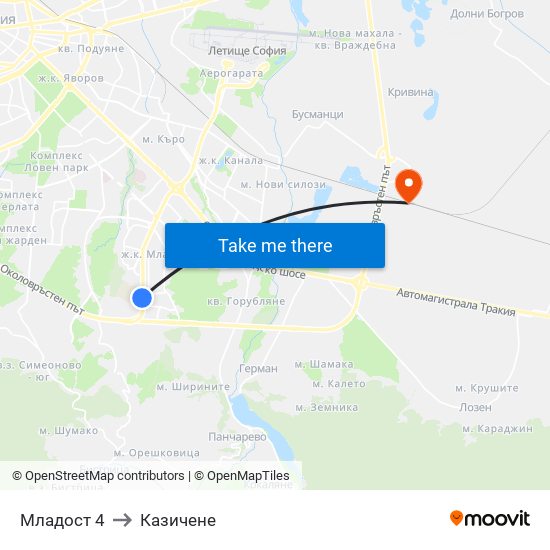 Младост 4 to Казичене map