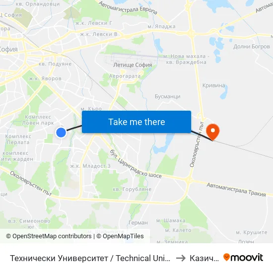 Технически Университет / Technical University (1743) to Казичене map
