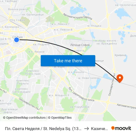 Пл. Света Неделя / St. Nedelya Sq. (1308) to Казичене map