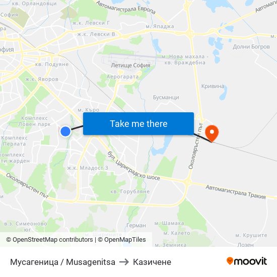 Мусагеница /  Musagenitsa to Казичене map