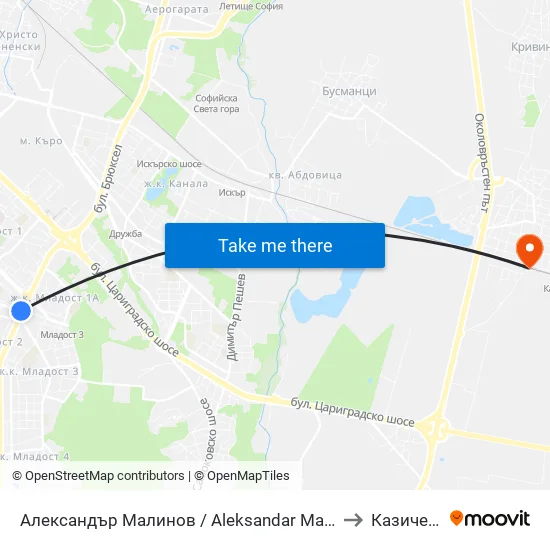 Александър Малинов / Aleksandar Malinov to Казичене map