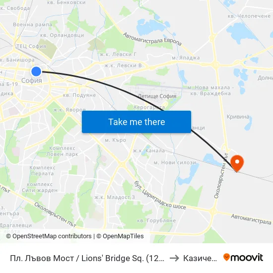 Ⓜ️ Пл. Лъвов Мост / Lions' Bridge Sq. (1278) to Казичене map