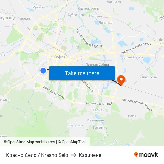Красно Село / Krasno Selo to Казичене map