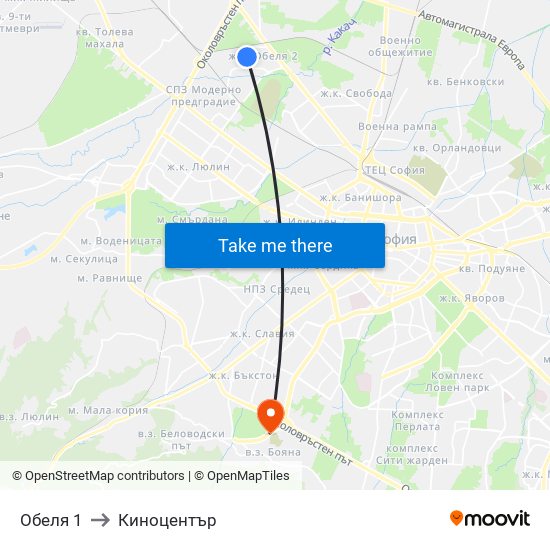 Обеля 1 to Киноцентър map