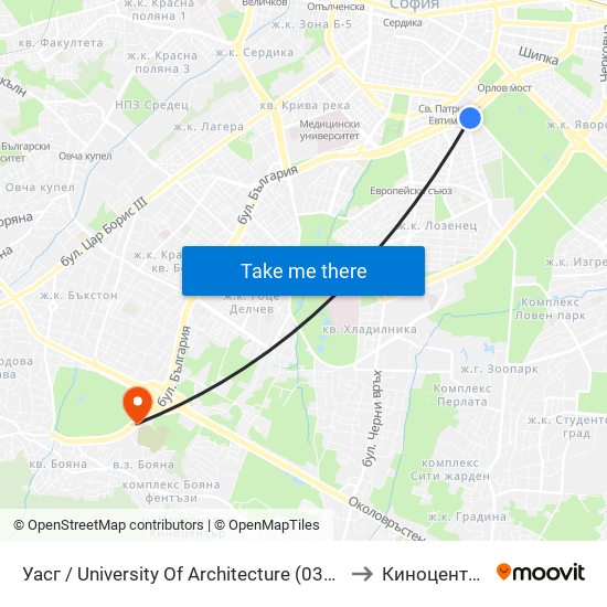 Уасг / University Of Architecture (0386) to Киноцентър map