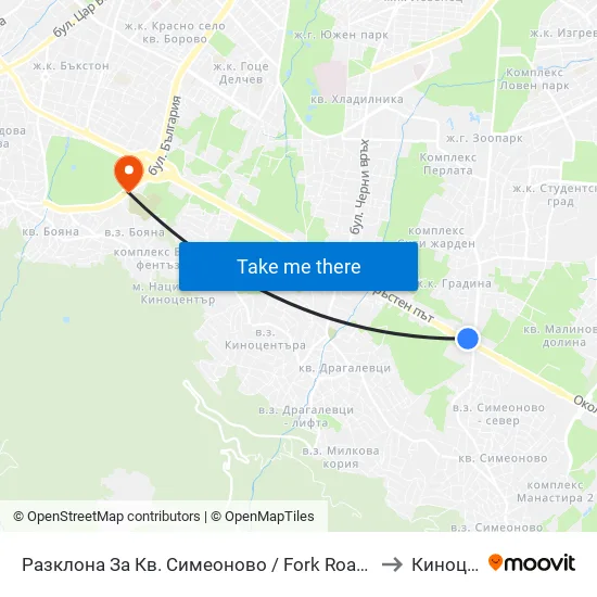 Разклона За Кв. Симеоново / Fork Road To Simeonovo Qr. (1458) to Киноцентър map