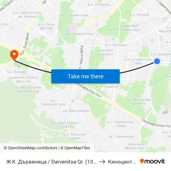 Ж.К. Дървеница / Darvenitsa Qr. (1012) to Киноцентър map