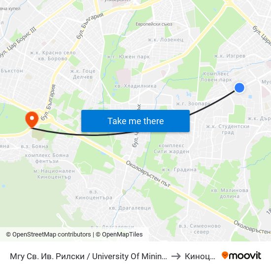 Мгу Св. Ив. Рилски / University Of Mining And Geology (1033) to Киноцентър map