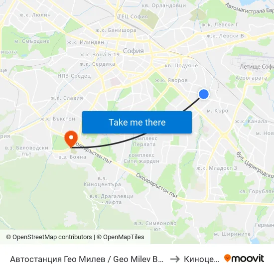 🚌 Автостанция Гео Милев / Geo Milev Bus Station (0052) to Киноцентър map