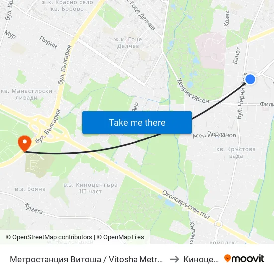 Ⓜ️ Метростанция Витоша / Vitosha Metro Station (0909) to Киноцентър map
