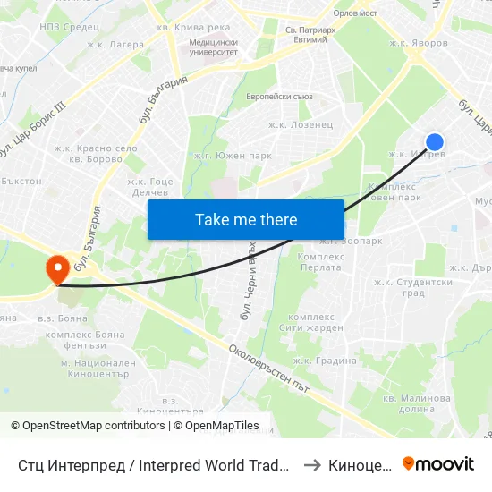 Ⓜ️ Стц Интерпред / Interpred World Trade Centre (1109) to Киноцентър map