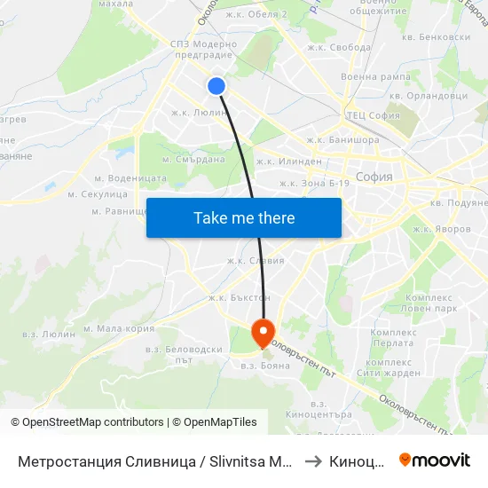 Ⓜ️ Метростанция Сливница / Slivnitsa Metro Station (1063) to Киноцентър map