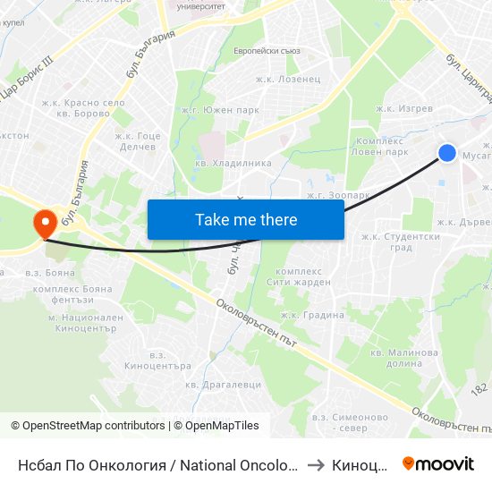 Нсбал По Онкология / National Oncology Hospital (2542) to Киноцентър map
