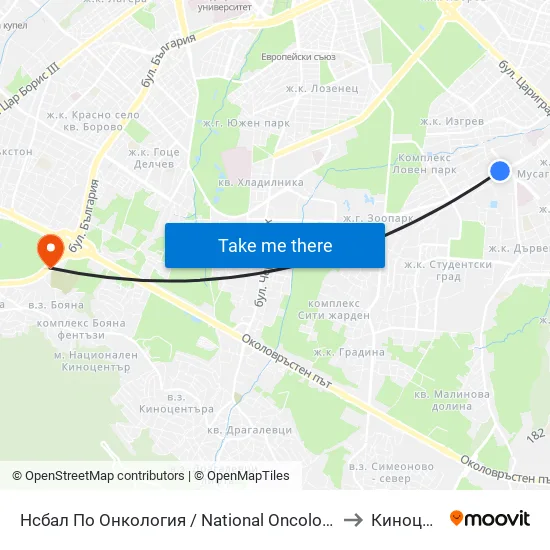 Ⓜ️ Нсбал По Онкология / National Oncology Hospital (2542) to Киноцентър map