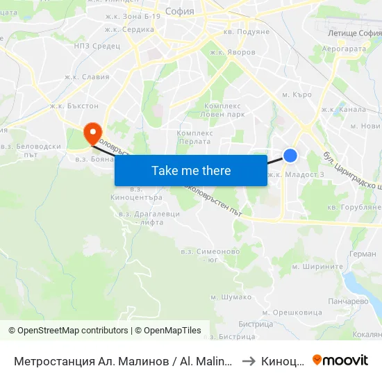 Ⓜ️ Метростанция Ал. Малинов / Al. Malinov Metro Station (0170) to Киноцентър map
