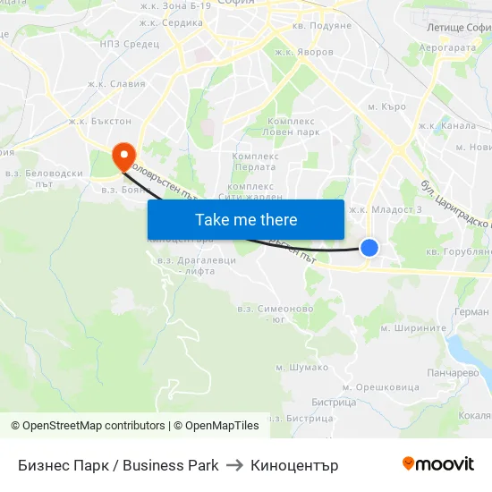 Бизнес Парк / Business Park to Киноцентър map