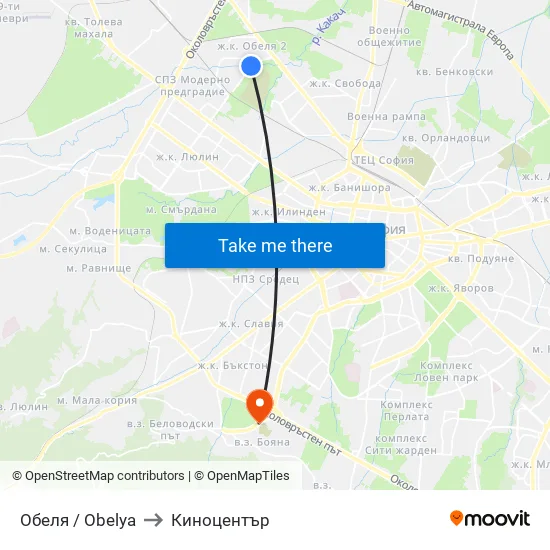 Обеля / Obelya to Киноцентър map
