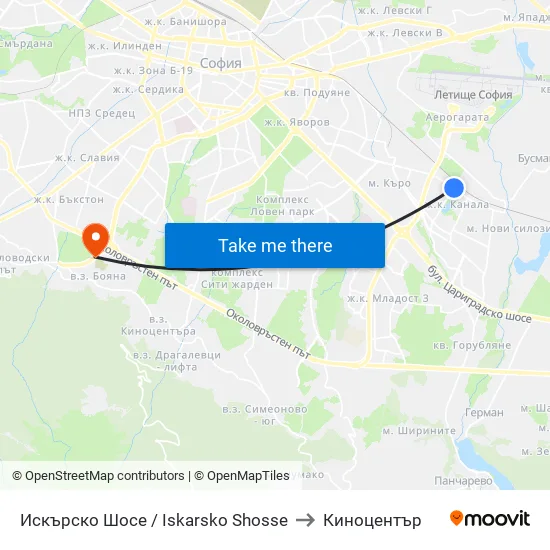 Искърско Шосе / Iskarsko Shose to Киноцентър map
