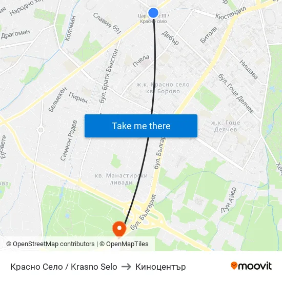 Красно Село / Krasno Selo to Киноцентър map