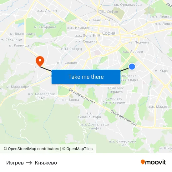 Изгрев to Княжево map