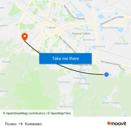 Лозен to Княжево map